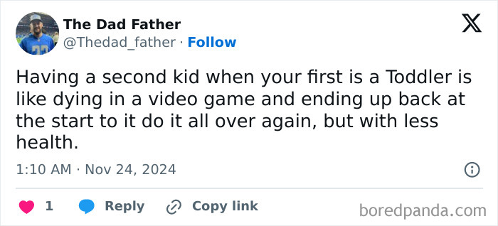 Funny meme about dad's struggles with having a second kid, comparing it to restarting a video game with less health.