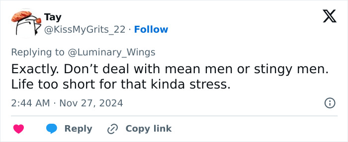 Tweet about avoiding mean men, highlighting life stress and red flags in relationships.