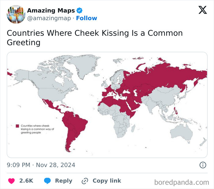 World map highlighting countries where cheek kissing is a common greeting, illustrating cultural perspective changes.