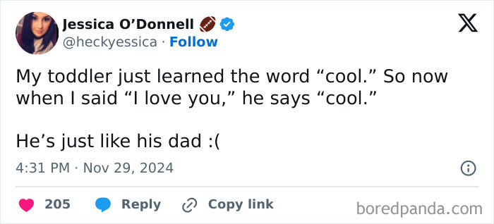 Tweet about funny and heartwarming toddler words, where a toddler responds "cool" to "I love you."