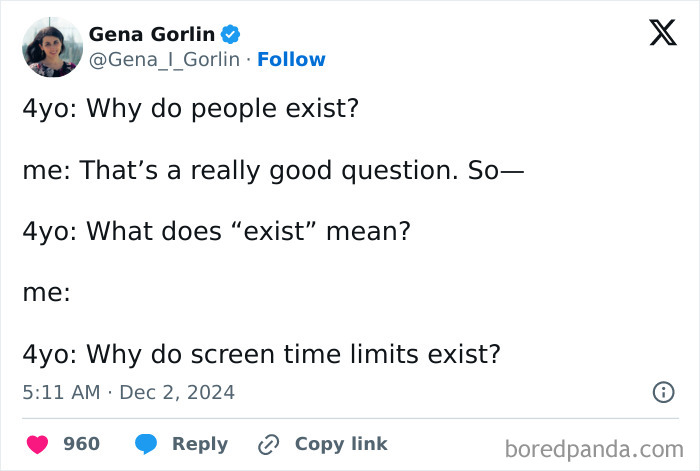 Tweet showing awkward parents kids conversations about existence and screen time.