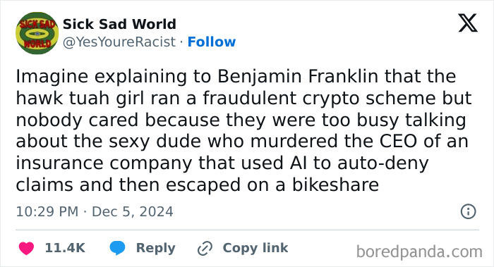 Bizarre new sentence about explaining a crypto scheme, a murder, AI insurance, and a bikeshare escape to Benjamin Franklin.