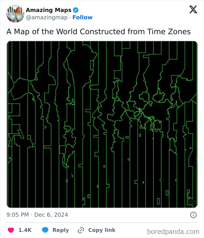 Map illustrating the world with time zones, showcasing how maps can change perspective.