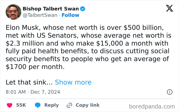 Tweet highlighting wealth disparity in social security discussions, featuring Elon Musk and US Senators.