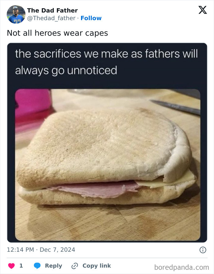 Unfinished sandwich meme humorously captures the daily struggles of a dad.