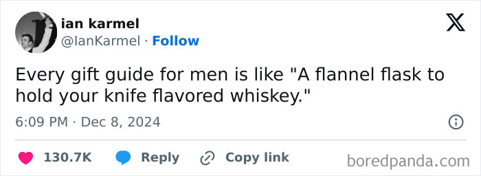 Tweet by Ian Karmel joking about bizarre gift guides for men.