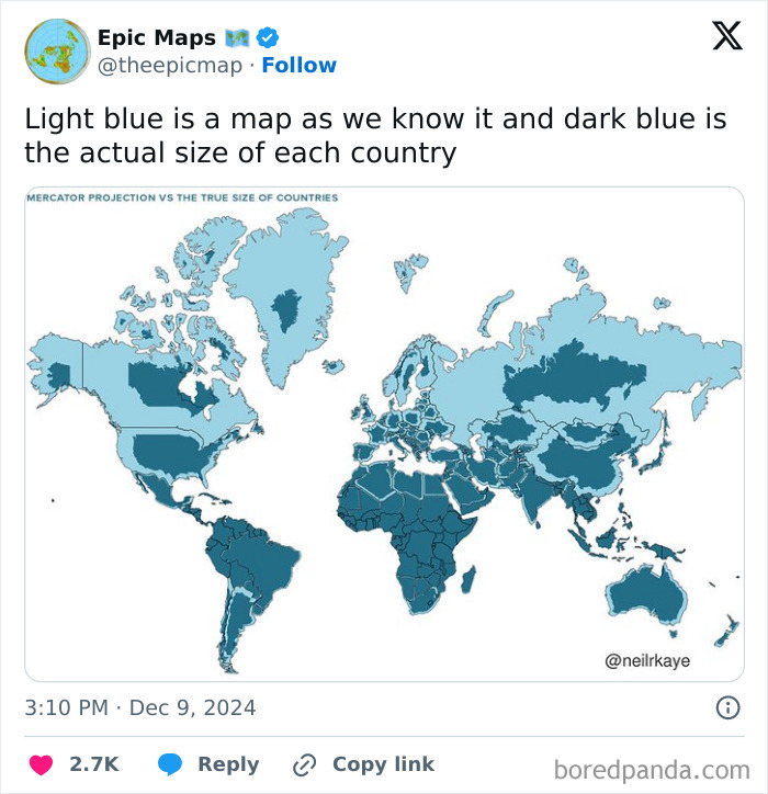 Map showing size comparison of countries with light and dark blue, illustrating perspective changes.