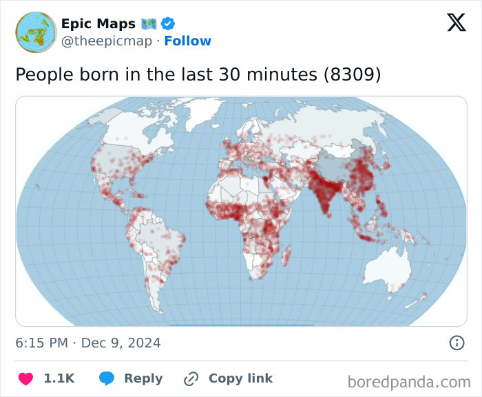 World map showing birth density in last 30 minutes; highlights changing perspective on global population distribution.