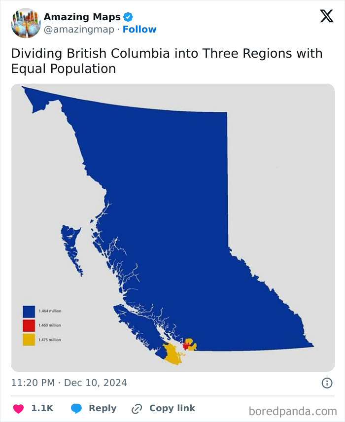 Map of British Columbia divided into three regions by population, showcasing the concept of maps that change perspective.