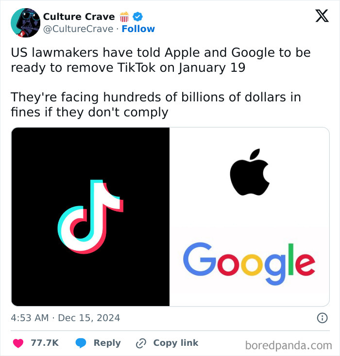 TikTok ban in America discussed by lawmakers; Apple and Google logos shown in image.