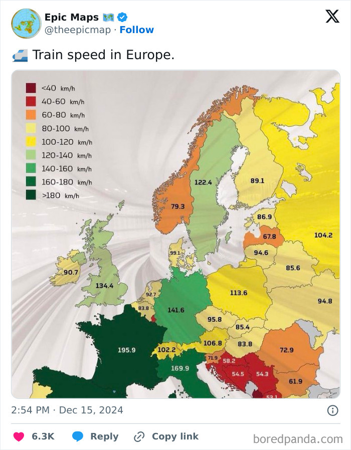 Map illustrating train speed variations across Europe, highlighting perspective changes with color-coded regions.