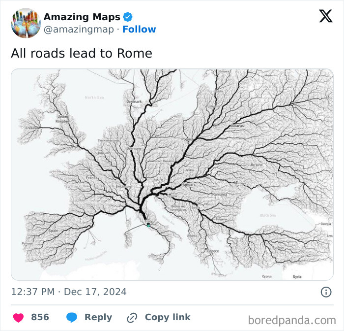 Map illustrating routes leading to Rome, depicting a perspective-changing view of European transportation networks.