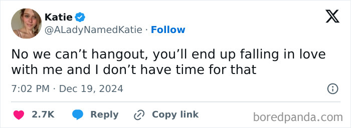 Tweet by a woman joking about avoiding hangouts to prevent someone from falling in love.