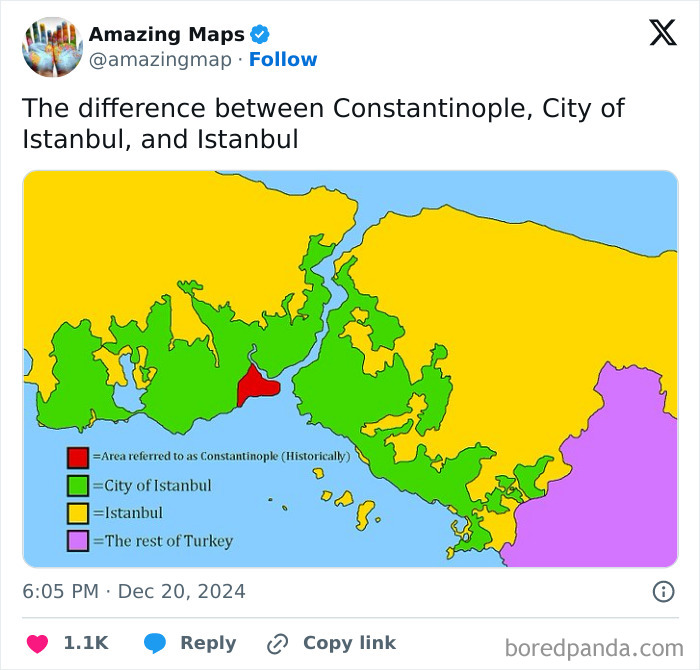 Map showing historical Constantinople and modern Istanbul, highlighting changes in perspective.