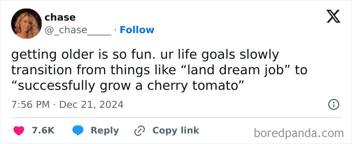 Funny post by a woman joking about life goals shifting from career dreams to growing cherry tomatoes as one gets older.