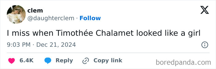 Screenshot of a Funny Post By Women, joking about Timothée Chalamet's appearance.