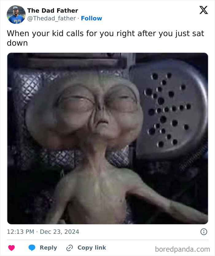 Alien meme humorously depicts dad struggles when kids interrupt rest.