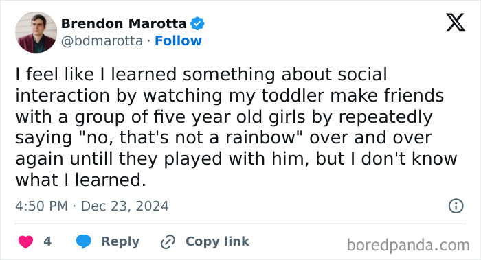 Tweet about a toddler's social interaction learning moment, involving a humorous misunderstanding with friends.