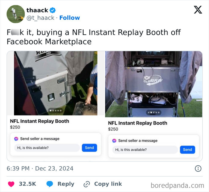 Two NFL Instant Replay Booths listed on Facebook Marketplace for $250 each.