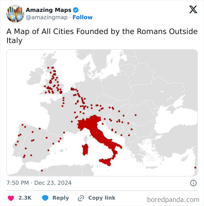 Map highlighting Roman-founded cities outside Italy, illustrating how maps can change perspective.