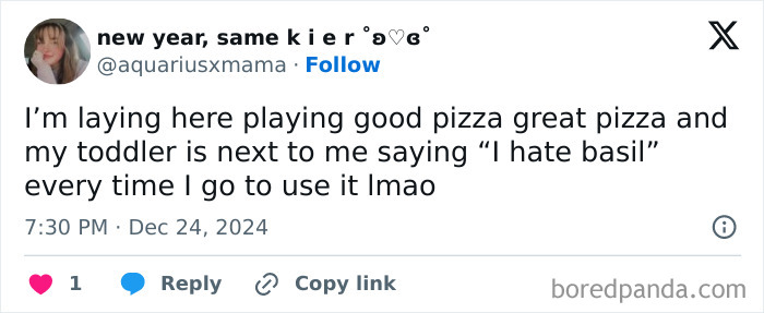 Tweet screenshot of a toddler humorously saying "I hate basil" next to a parent playing a pizza game.