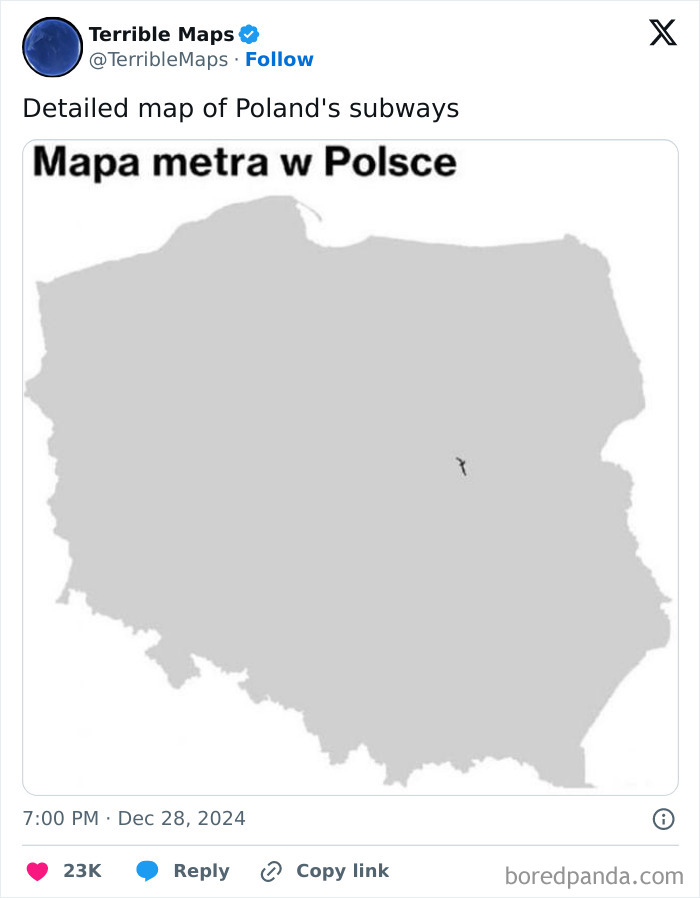 Map of Poland highlighting subway absence, altering perspective.