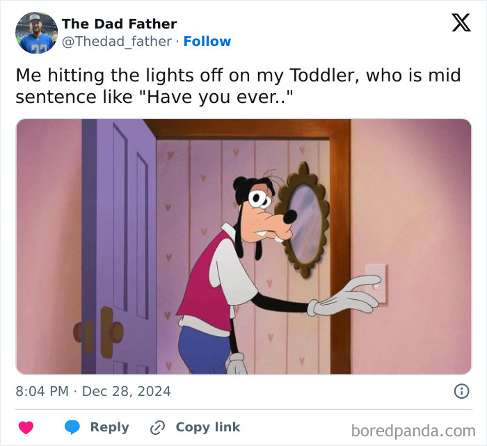 A cartoon character humorously switching off a light, capturing dad struggles.