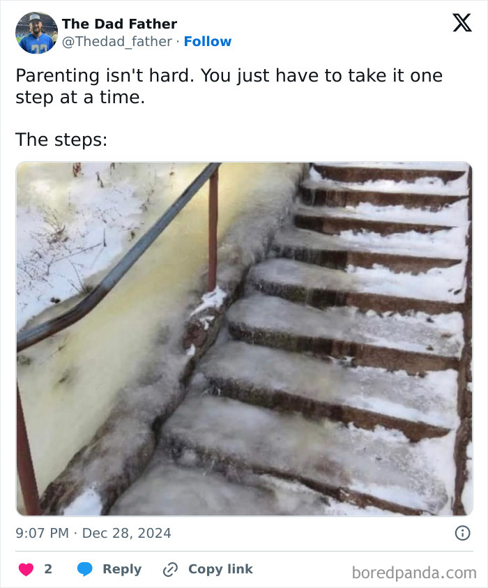 Icy steps with a railing covered in snow, humorously depicting the daily struggles of being a dad.