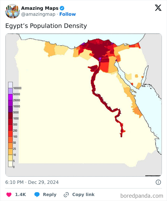 Map highlighting Egypt's population density, illustrating areas with varying densities to change perspective.