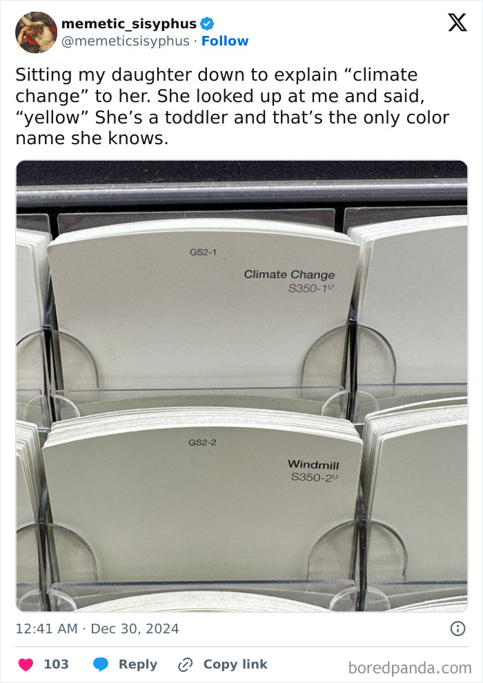 Paint swatches labeled "Climate Change" and "Windmill," shared in a tweet about funny toddler sayings.