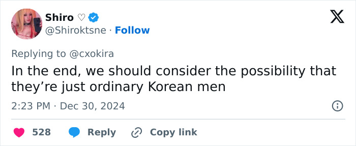 Tweet from Shiro joking about ordinary Korean men with a profile picture on display.