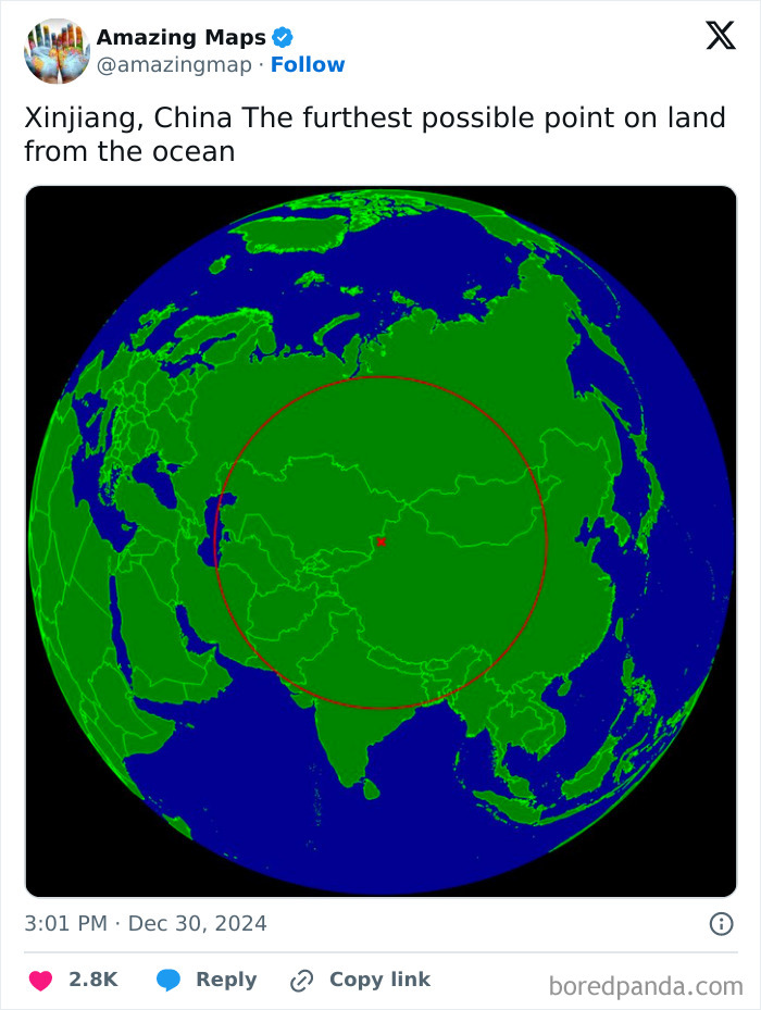 World map highlighting Xinjiang, China, as the furthest point from the ocean, showcasing perspective-changing geography.