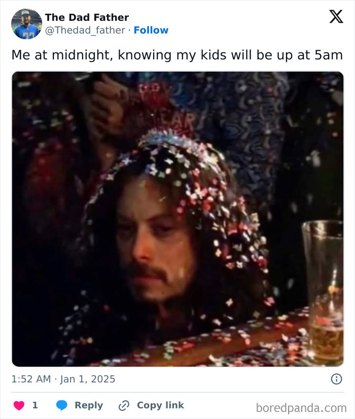 A tired-looking dad at a party with confetti, humorously reflecting on parenting challenges.