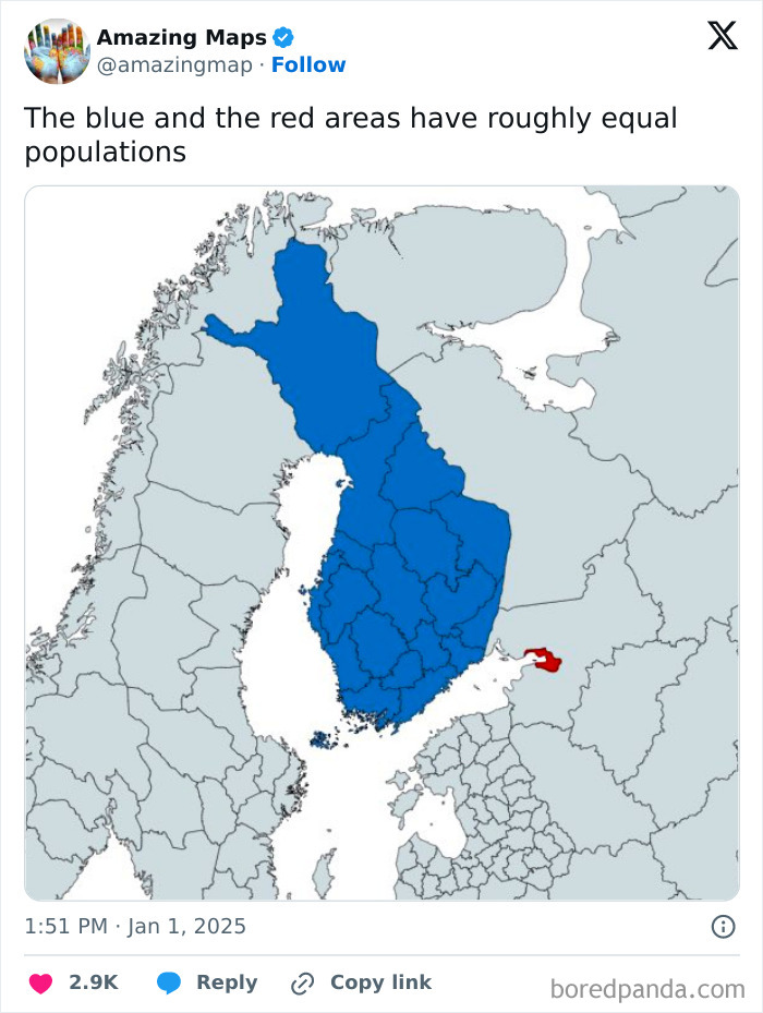 Map highlighting blue and red areas with equal populations, illustrating changing perspectives.