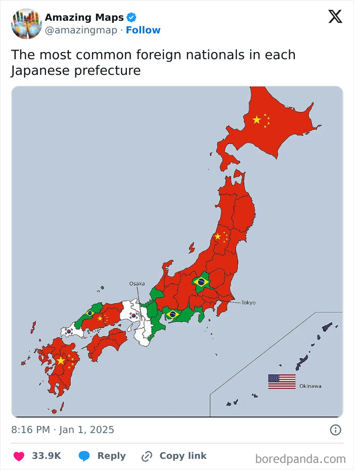 Map highlighting foreign nationals in Japanese prefectures, changing perspective.