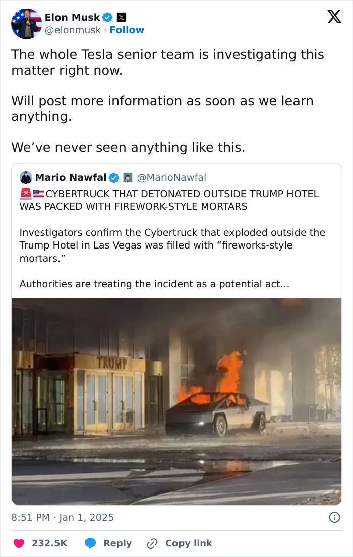 Elon Musk tweet about Cybertruck explosion investigation outside Trump Hotel.