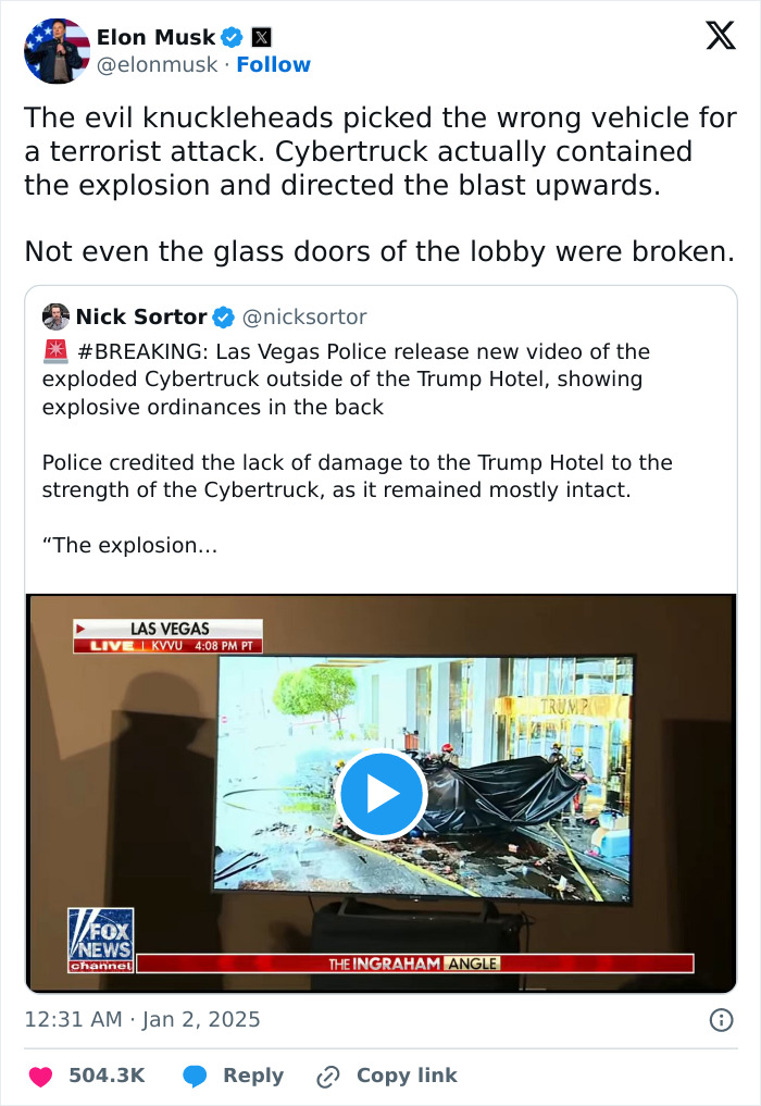 Elon Musk tweets about Cybertruck explosion containment outside a hotel, emphasizing its resilience to damage.