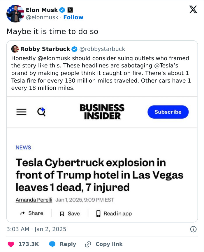 Elon Musk reacts to a tweet discussing Tesla Cybertruck explosion-related headlines.