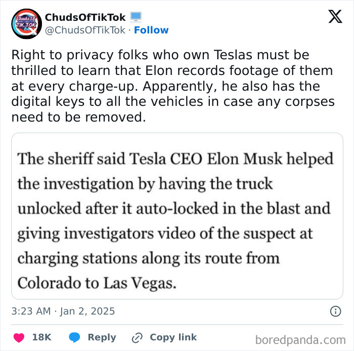 Tweet about Tesla privacy concerns, digital keys, and Elon Musk's involvement in a sheriff investigation.