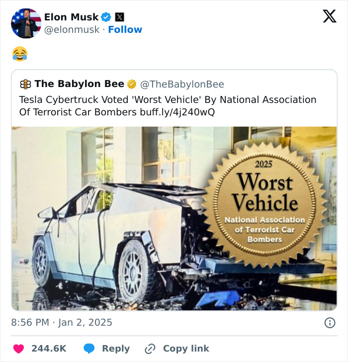 Cybertruck meme shared by Elon Musk, with a joke award for 'Worst Vehicle' displayed.