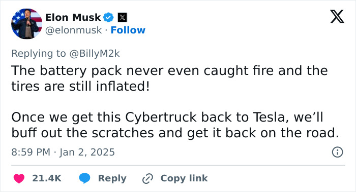 Elon Musk's tweet about the Cybertruck, discussing battery safety and future repairs after an incident.