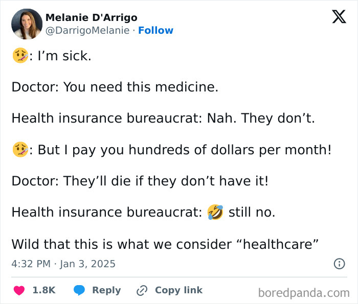 Funny post highlighting healthcare frustrations with emojis and dialogue between a patient, doctor, and insurance bureaucrat.