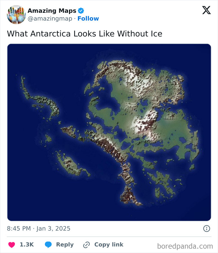 Map of Antarctica without ice, highlighting geographical features, offering a new perspective on the continent.