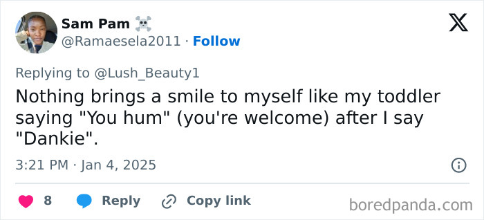 Tweet about a toddler's hilarious way of saying "you're welcome".