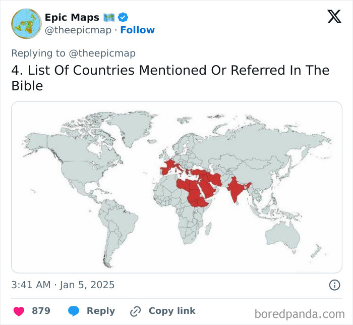 Map highlighting countries mentioned in the Bible, showcasing regions that change perspective.