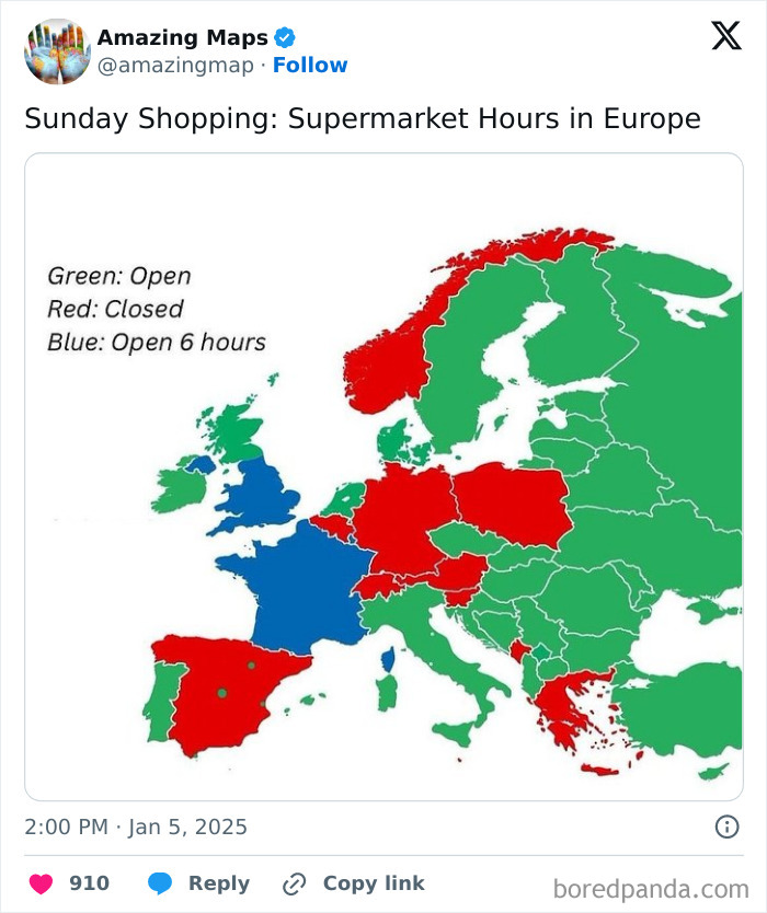 Map illustrating supermarket hours in Europe with color codes for open, closed, and limited hours, changing perspective on shopping.