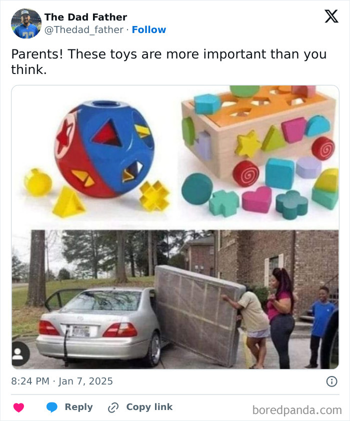 Dad humor meme with shape-sorting toys and a funny real-life scenario of a mattress being loaded into a car.