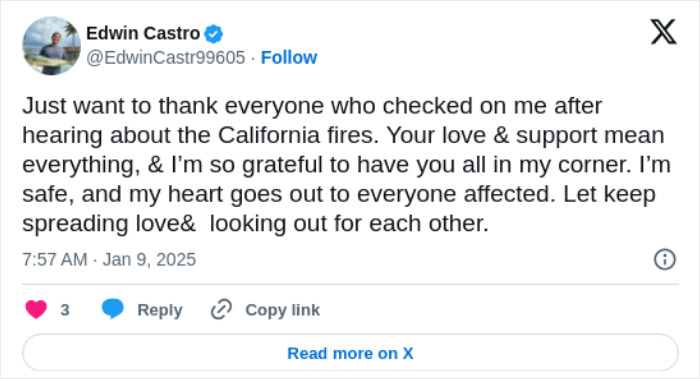 Tweet expressing gratitude and safety after California fires, related to billionaire house fire event.