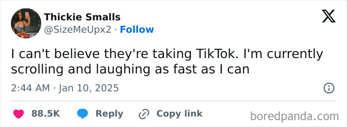 User reacting to TikTok ban news, expressing disbelief and humorously scrolling quickly.