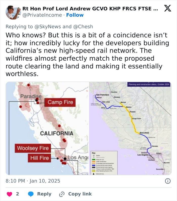 Map showing California fires and proposed rail network amid conspiracy theories.